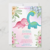 Floral Dinosaur Girls Birthday Party Invitation Kaart (Voorkant)
