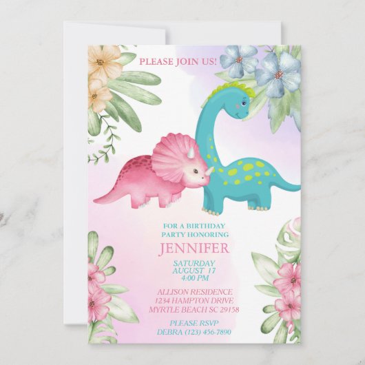 Floral Dinosaur Girls Birthday Party Invitation Kaart (Voorkant)