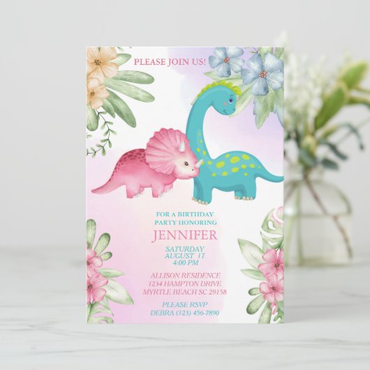 Floral Dinosaur Girls Birthday Party Invitation Kaart (Staand voorkant)