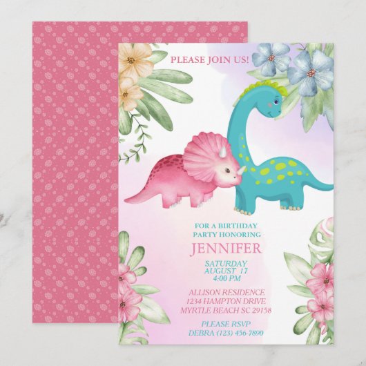 Floral Dinosaur Girls Birthday Party Invitation Kaart (Voorkant / Achterkant)