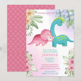Floral Dinosaur Girls Birthday Party Invitation Kaart