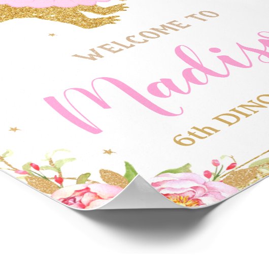 Floral Dinosaur Welcome Birthday Sign Banner T-rex Poster (Hoek)