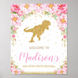 Floral Dinosaur Welcome Birthday Sign Banner T-rex Poster