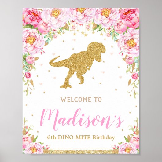 Floral Dinosaur Welcome Birthday Sign Banner T-rex Poster (Voorkant)