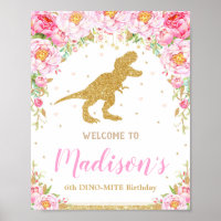 Floral Dinosaur Welcome Birthday Sign Banner T-rex