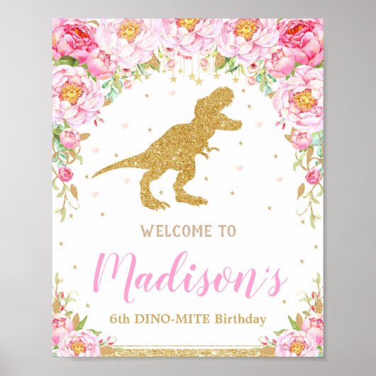 Floral Dinosaur Welcome Birthday Sign Banner T-rex Poster (Voorkant)