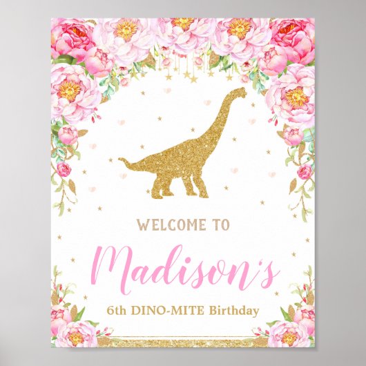 Floral Dinosaur Welkom Birthday Sign Brontosaurus Poster (Voorkant)