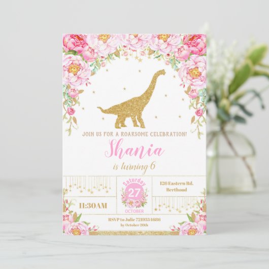 Floral Dinosaurus Verjaardag Uitnodiging Meisje (Staand voorkant)