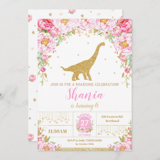 Floral Dinosaurus Verjaardag Uitnodiging Meisje (Voorkant / Achterkant)