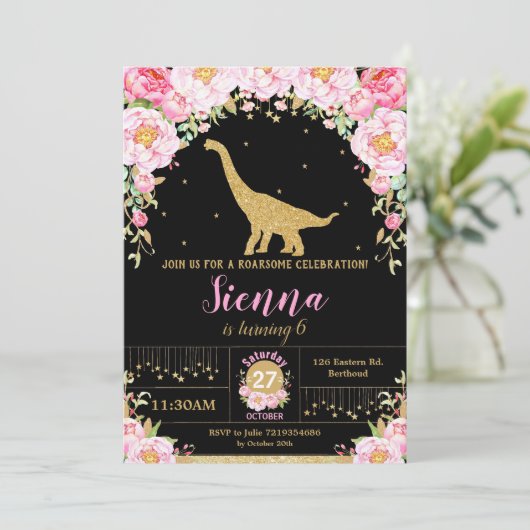 Floral Dinosaurus Verjaardag Uitnodiging Meisje Br (Staand voorkant)
