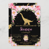 Floral Dinosaurus Verjaardag Uitnodiging Meisje Br (Voorkant / Achterkant)