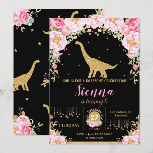 Floral Dinosaurus Verjaardag Uitnodiging Meisje Br (Voorkant / Achterkant)