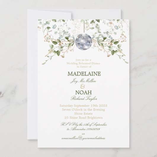 Floral Disco Ball Elegant Chic Wedding Rehearsal Kaart (Voorkant)