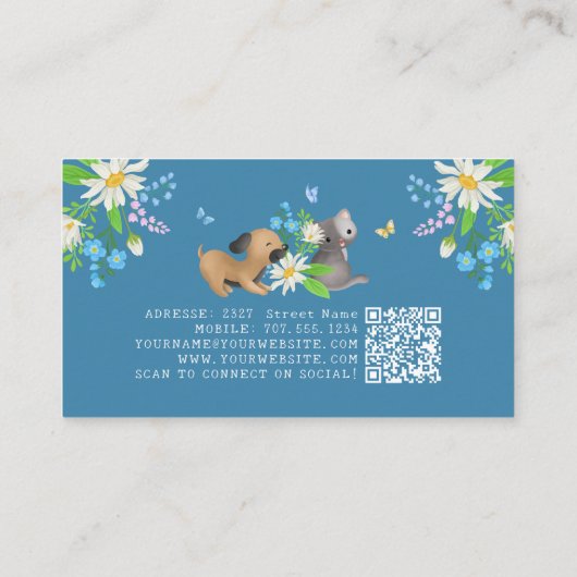 Floral Dog & Cat Pet Care Services Grooming Blue Visitekaartje (Achterkant)