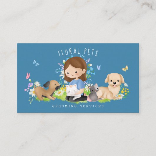 Floral Dog & Cat Pet Care Services Grooming Blue Visitekaartje (Voorkant)