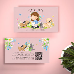 Floral Dog & Cat Pet Care Services Grooming Pink Visitekaartje