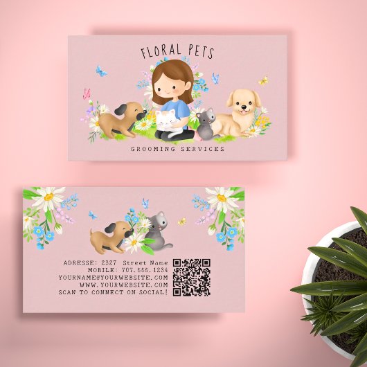 Floral Dog & Cat Pet Care Services Grooming Pink Visitekaartje