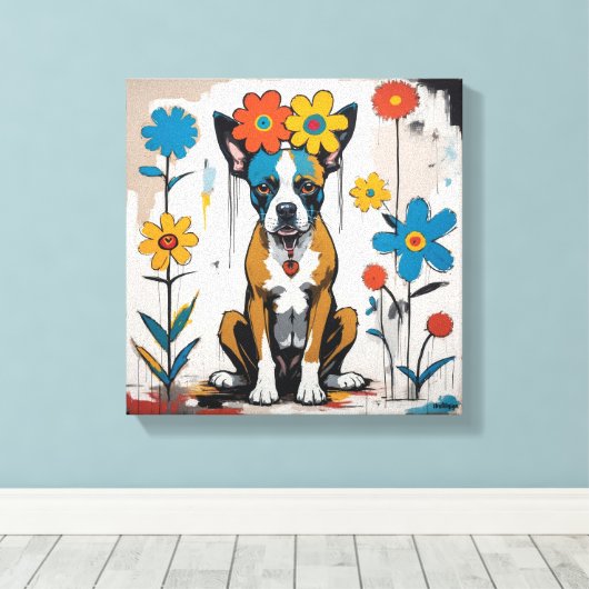 Floral Dog Doodle Art Canvas Afdruk (Insitu (Houten vloer))