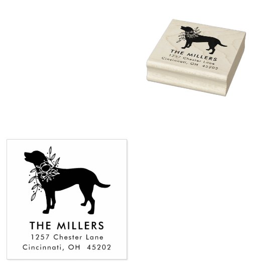 Floral Dog gepersonaliseerde vierkante adres stemp Rubberstempel (Gestempeld)