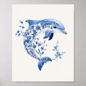 Floral Dolphin – Coastal Blue op Beige Wall Art Poster (Voorkant)