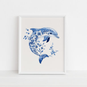 Floral Dolphin – Coastal Blue op Beige Wall Art Poster