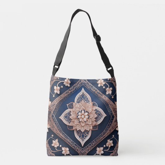 Floral Donkerblauwe Diamant AI kunst Crossbody Tas (Achterkant)