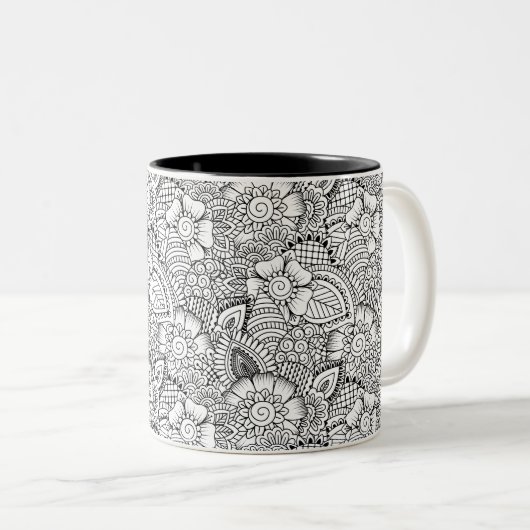 Floral Doodle Pattern Tweekleurige Koffiemok (Voorkant rechts)