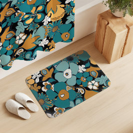 Floral Doodles Aqua Teal Mustard Black White Badmat