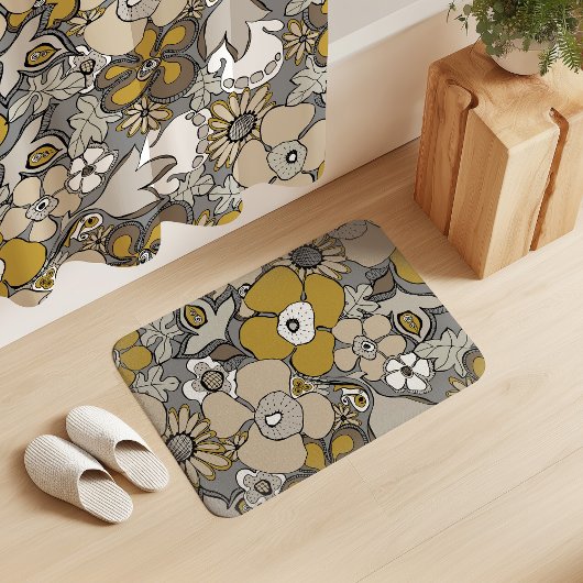 Floral Doodles Mustard Beige Taupe Grey Black Badmat