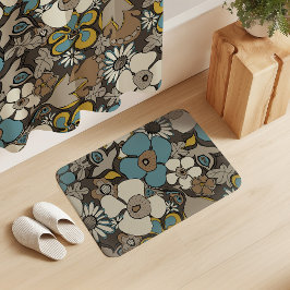 Floral Doodles Turkish Blue Umber Brown Mustard  Badmat