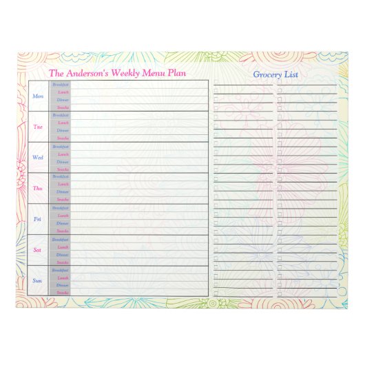Floral Doodles Weekly Personalized Menu Plan Notitieblok (Voorkant)