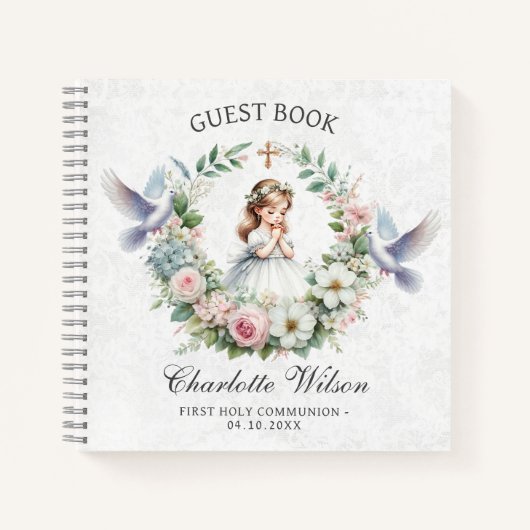 Floral Doves First Holly Communion Gastenboek Notitieboek (Voorkant)