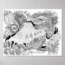 Floral Dragon Coloring Page Poster