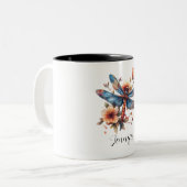 Floral Dragonfly Waterverf gepersonaliseerde naam Tweekleurige Koffiemok (Voorkant links)