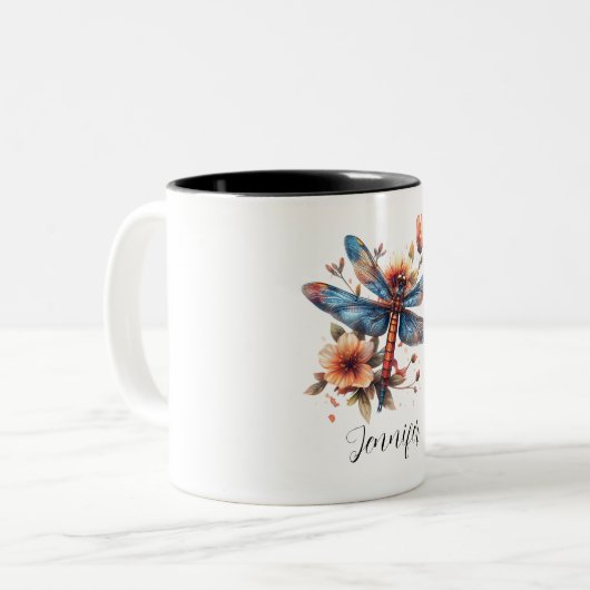 Floral Dragonfly Waterverf gepersonaliseerde naam Tweekleurige Koffiemok (Voorkant links)