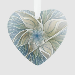 Floral Dream Abstract Blue Khaki Fractal Art Heart Ornament