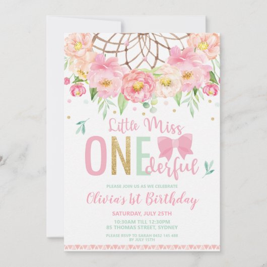 Floral Dream Catcher Miss Onederful 1e verjaardag Kaart (Voorkant)