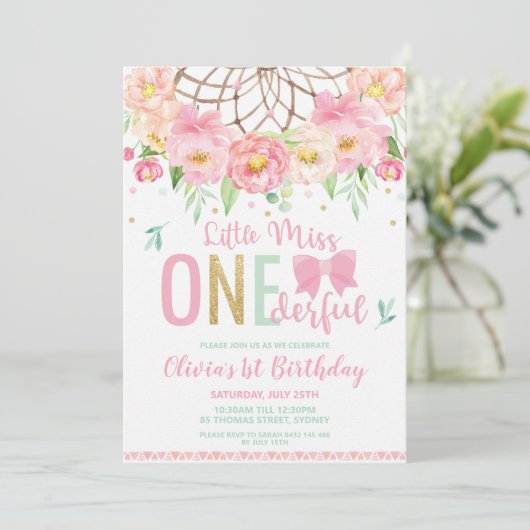 Floral Dream Catcher Miss Onederful 1e verjaardag Kaart (Staand voorkant)