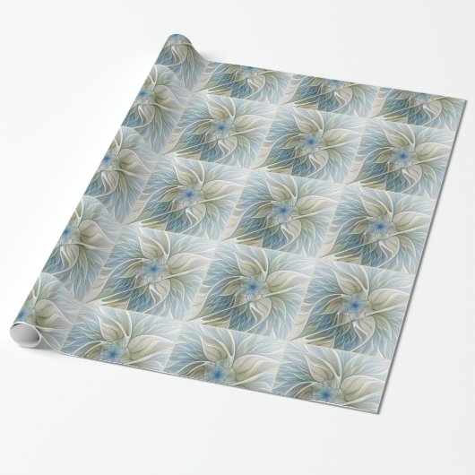 Floral Dream Pattern Abstract Blue Khaki Fractal Cadeaupapier (Uitgerold)