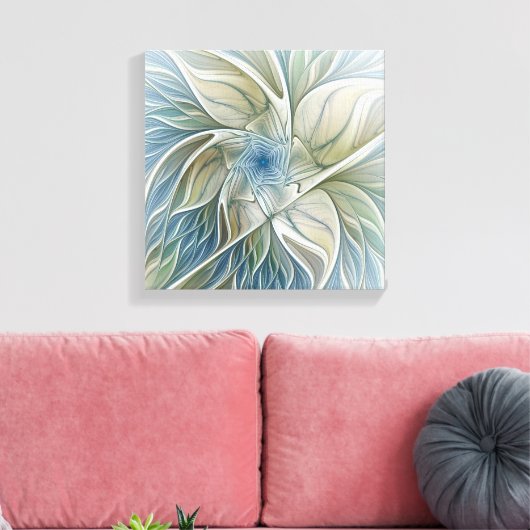 Floral Dream Pattern Abstract Blue Khaki Fractal Canvas Afdruk (Insitu (Woonkamer))