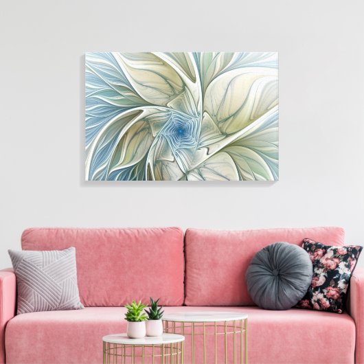 Floral Dream Pattern Abstract Blue Khaki Fractal Canvas Afdruk (Insitu (Woonkamer))