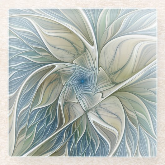 Floral Dream Pattern Abstract Blue Khaki Fractal Glazen Onderzetter (Voorkant)
