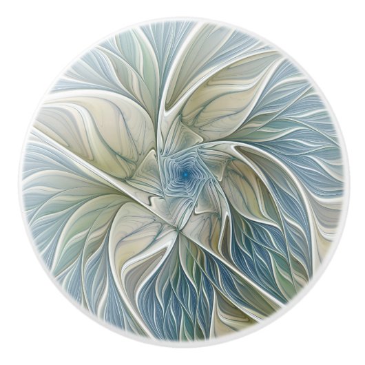 Floral Dream Pattern Abstract Blue Khaki Fractal Keramische Knop (Voorkant)
