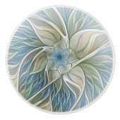 Floral Dream Pattern Abstract Blue Khaki Fractal Keramische Knop (Voorkant)