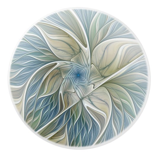 Floral Dream Pattern Abstract Blue Khaki Fractal Keramische Knop (Voorkant)