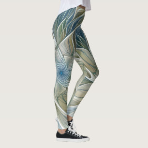 Floral Dream Pattern Abstract Blue Khaki Fractal Leggings