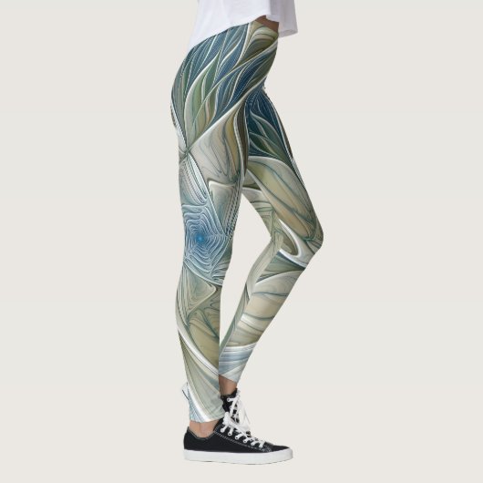 Floral Dream Pattern Abstract Blue Khaki Fractal Leggings (Rechts)