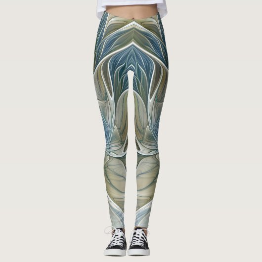 Floral Dream Pattern Abstract Blue Khaki Fractal Leggings (Voorkant)