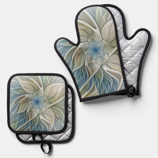 Floral Dream Pattern Abstract Blue Khaki Fractal Ovenwant & Pannenlap Set (Voorkant / Achterkant)