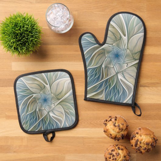 Floral Dream Pattern Abstract Blue Khaki Fractal Ovenwant & Pannenlap Set (Top down)